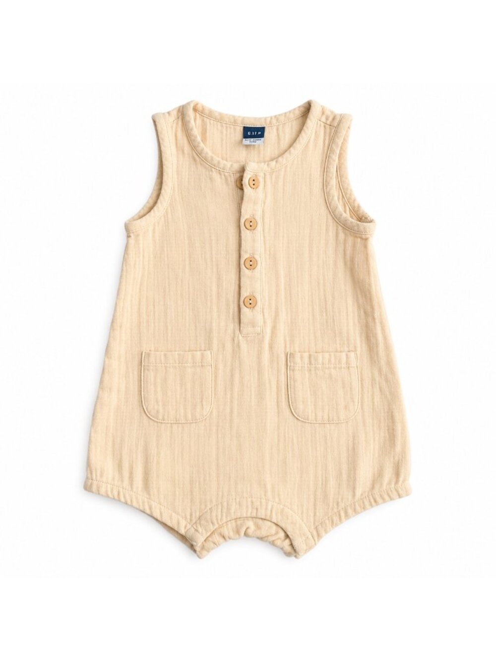 Old Navy Baby Muslin Romper 6-12M Beige Tan Button Front Gauze One Piece